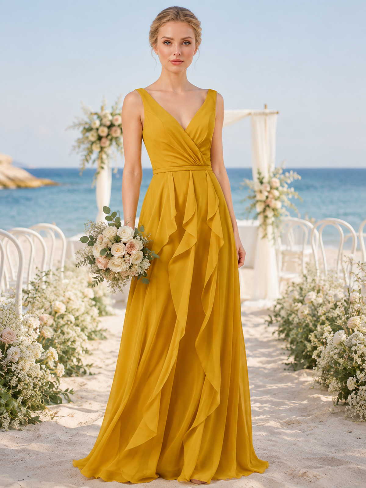 Front view of a marigold chiffon floor-length bridesmaid dress with V-neckline, wide straps, fitted waist, cascading ruffle detail, front slit, and flowing A-line skirt.