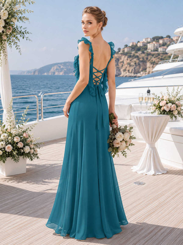 Back view of a teal chiffon floor-length bridesmaid dress with ruffle straps, lace-up open back, tie detail, fitted waist, and softly flowing A-line skirt.