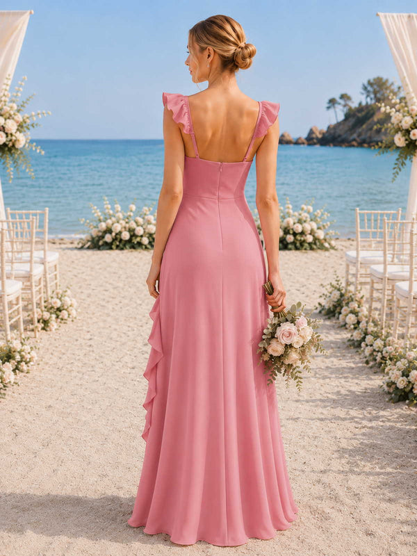Back view of a desert rose chiffon floor-length bridesmaid dress with ruffle straps, low square back, center back zipper, fitted waist, cascading side ruffle detail, and flowing A-line skirt.