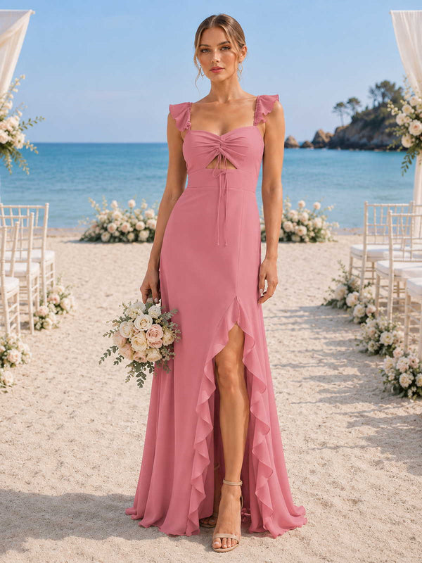 Front view of a desert rose chiffon floor-length bridesmaid dress with sweetheart neckline, ruffle straps, ruched tie-front bodice, subtle front cutout, cascading ruffle-trimmed front slit, and flowing A-line skirt.