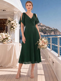 Front view of a dark green chiffon midi bridesmaid dress with V-neck crossover bodice, split flutter sleeves, fitted waist, and flowing pleated A-line skirt.