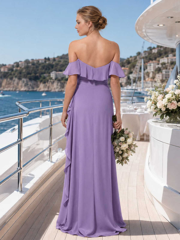 Back view of a tahiti  chiffon floor-length bridesmaid dress with off-shoulder layered ruffle neckline, V-shaped back, fitted waist, cascading side ruffle, and flowing A-line skirt.