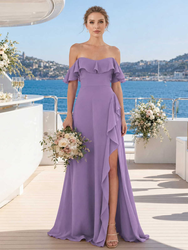 Front view of a tahiti chiffon floor-length bridesmaid dress with off-shoulder ruffle neckline, fitted waist, cascading side ruffle, front slit, and flowing A-line skirt.