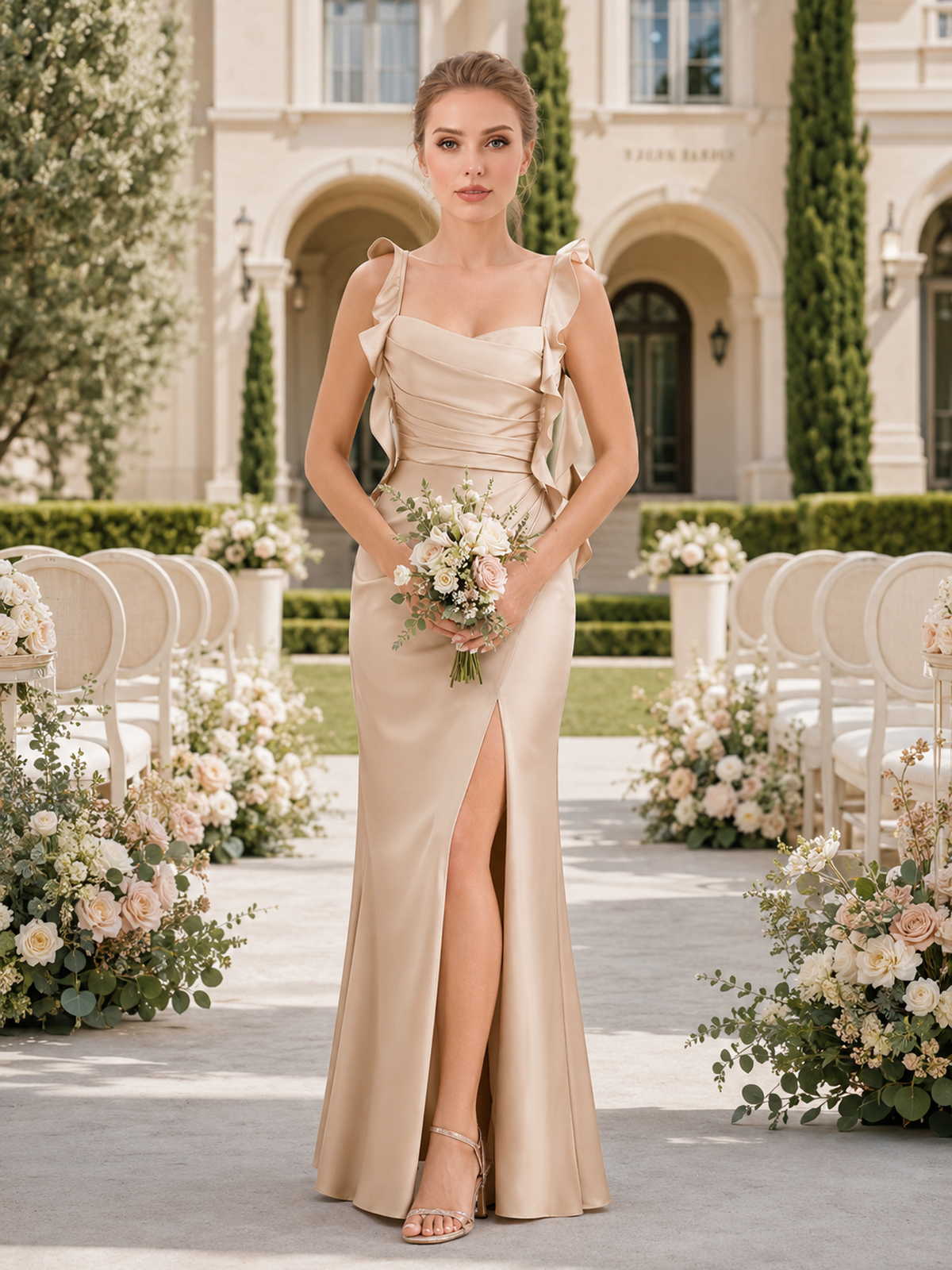 Front view of a champagne satin floor-length bridesmaid dress with square neckline, ruffle straps, ruched bodice, fitted waist, front slit, and elegant sheath skirt.
