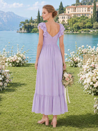 Back view of a lavender chiffon ankle-length bridesmaid dress with layered ruffle straps, deep V-back, ruched fitted bodice, center back zipper, defined waist, flowing A-line skirt, and tiered ruffle hem.