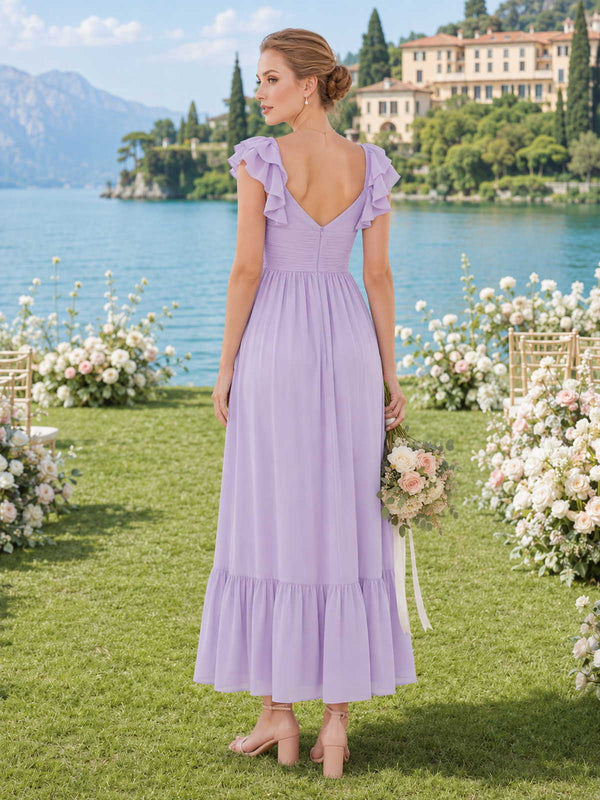 Back view of a lavender chiffon ankle-length bridesmaid dress with layered ruffle straps, deep V-back, ruched fitted bodice, center back zipper, defined waist, flowing A-line skirt, and tiered ruffle hem.