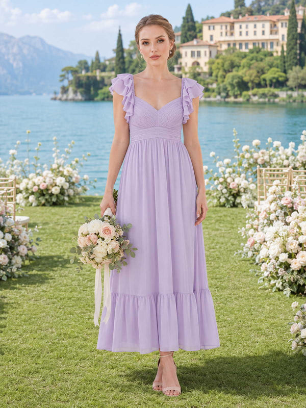 Front view of a lavender chiffon ankle-length bridesmaid dress with V-neckline, layered ruffle straps, ruched crossover bodice, defined waist, flowing A-line skirt, and tiered ruffle hem.