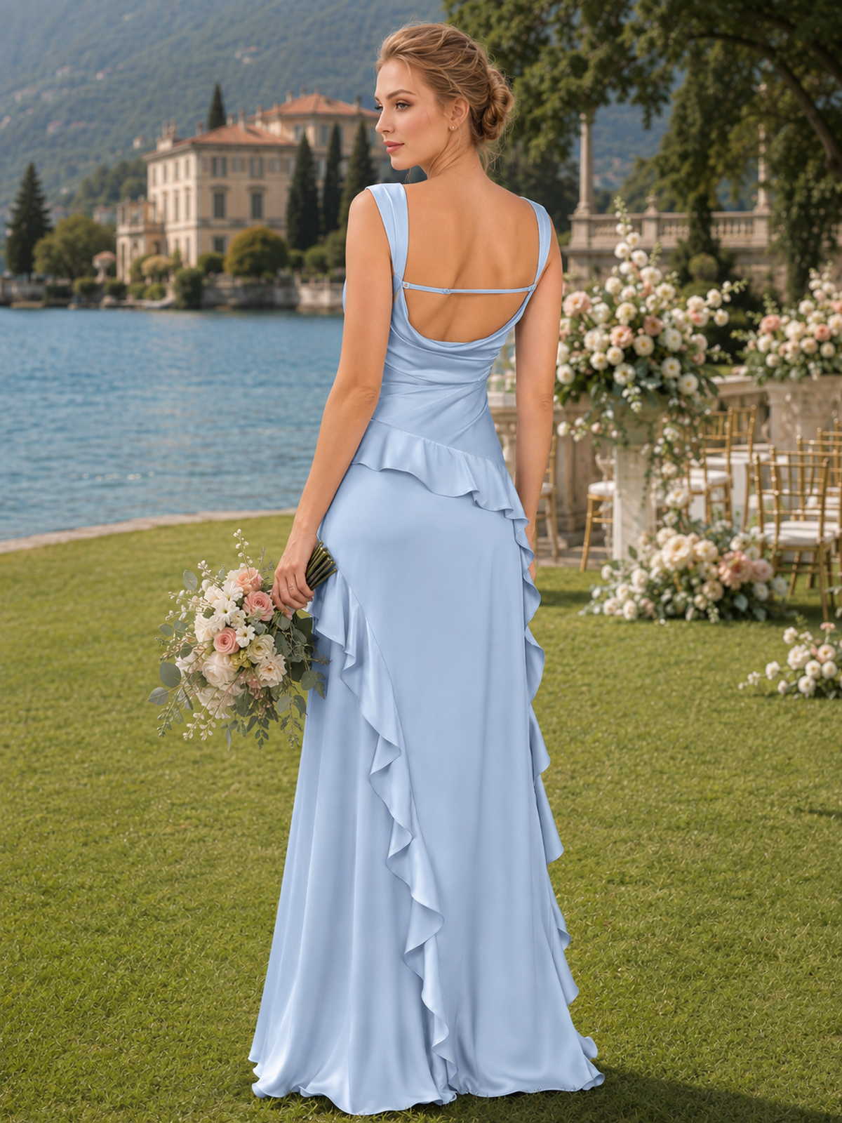 Back view of a light blue satin floor-length bridesmaid dress with wide straps, low scoop back, slim back strap, cascading ruffle detail, fitted waist, and flowing sheath skirt.