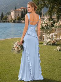 Back view of a light blue satin floor-length bridesmaid dress with wide straps, low scoop back, slim back strap, cascading ruffle detail, fitted waist, and flowing sheath skirt.