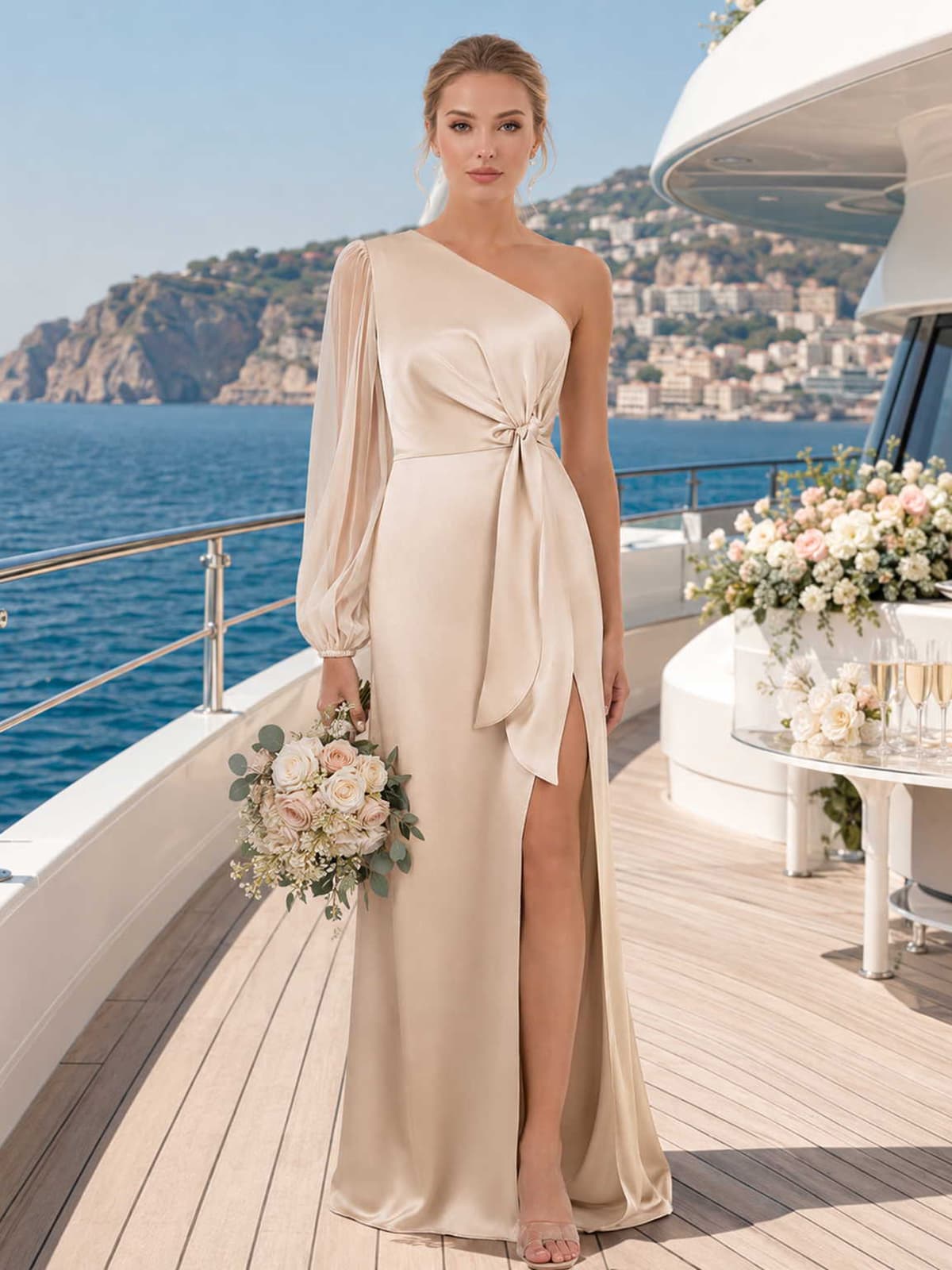 Front view of a champagne satin floor-length bridesmaid dress with asymmetric one-shoulder neckline, sheer organza long sleeve, draped waist tie detail, front slit, and fitted sheath silhouette.