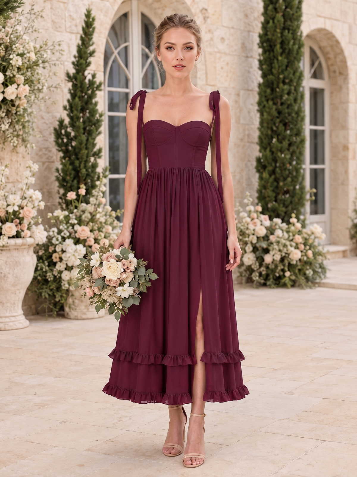 Front view of a burgundy chiffon midi bridesmaid dress with sweetheart neckline, tie shoulder straps, fitted bodice, gathered A-line skirt, front slit, and tiered ruffle hem.