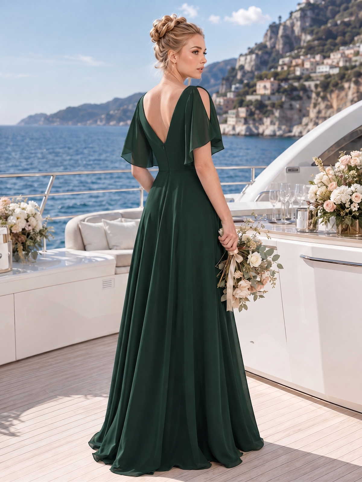 Back view of a dark green chiffon floor-length bridesmaid dress with deep V-back, cold shoulder flutter sleeves, fitted waist, and softly flowing A-line skirt.