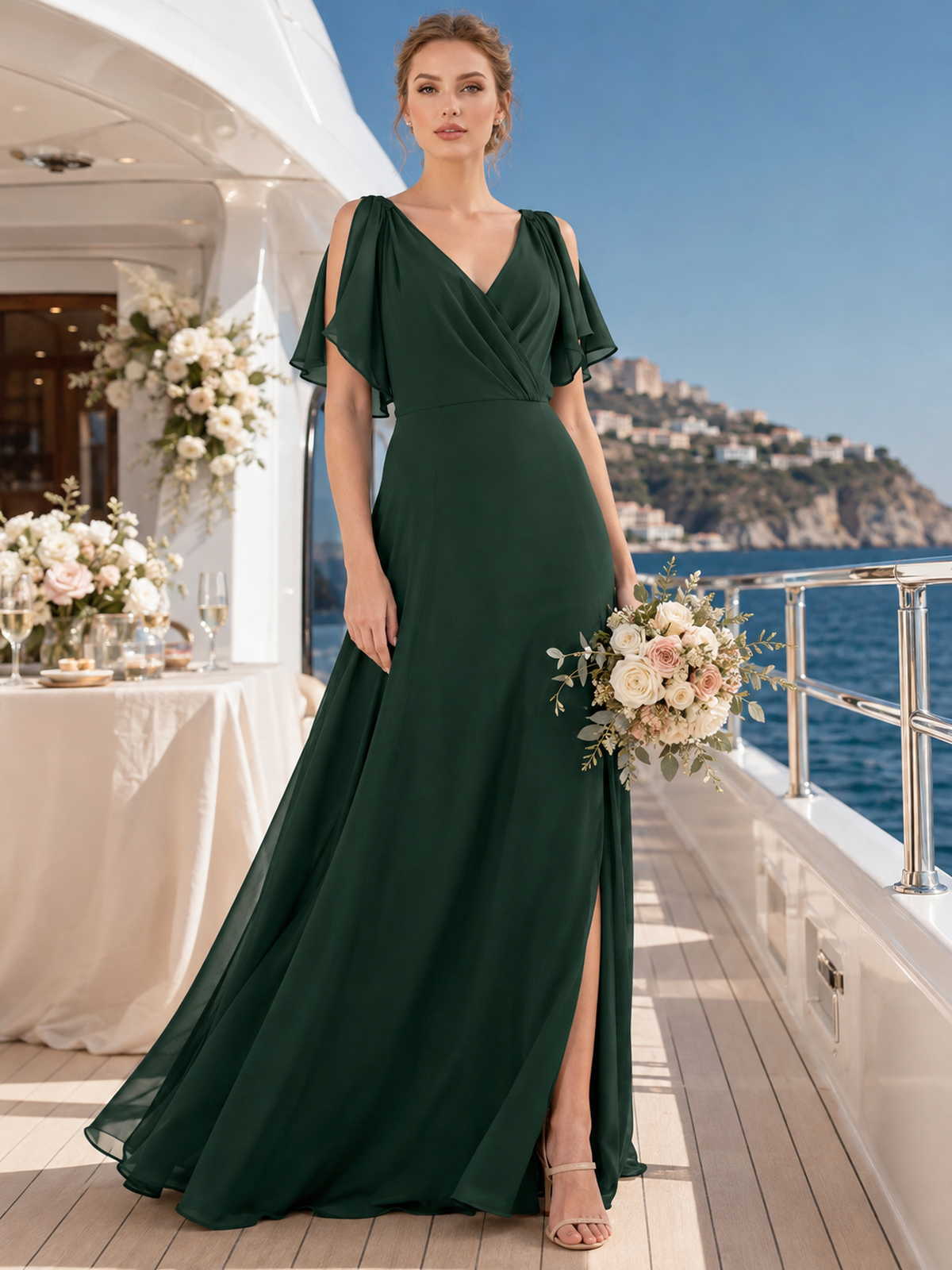 Front view of a dark green chiffon floor-length bridesmaid dress with V-neckline, surplice bodice, cold shoulder flutter sleeves, fitted waist, front slit, and flowing A-line skirt.