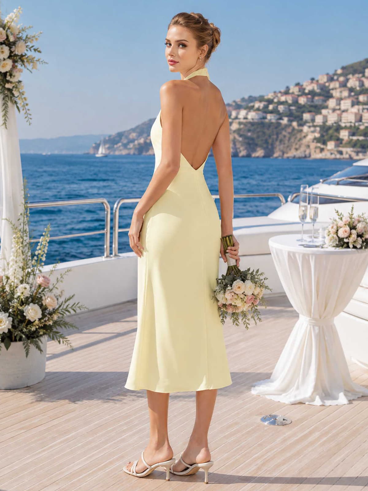 Back view of a daffodil chiffon midi bridesmaid dress with halter neckline, deep open back, fitted waist, streamlined sheath silhouette, and softly flowing midi skirt.
