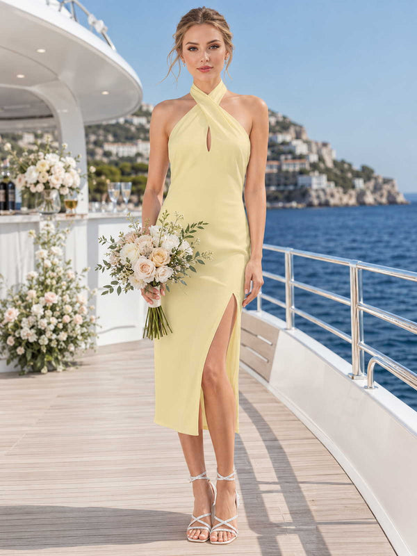 Front view of a daffodil chiffon midi bridesmaid dress with crossover halter neckline, keyhole front, fitted sheath silhouette, defined waist, and front thigh slit.