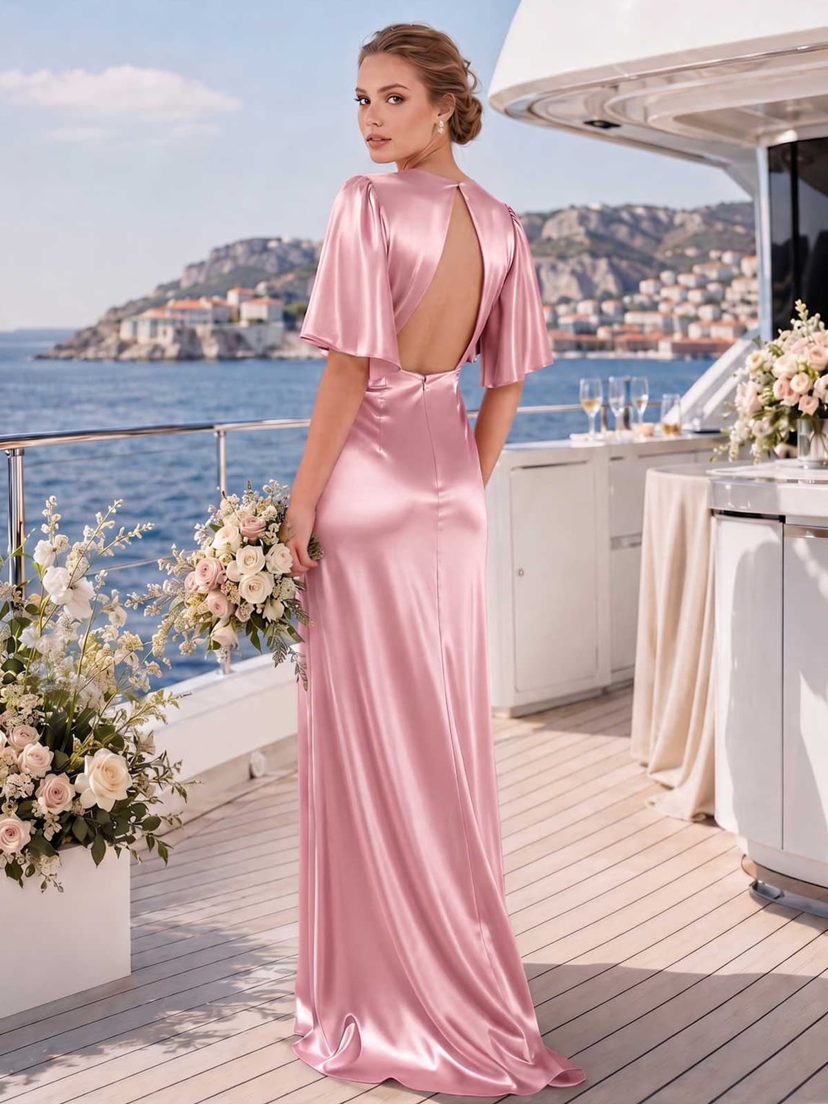 Back view of a desert rose satin floor-length bridesmaid dress with flutter sleeves, dramatic open keyhole back, back zipper, fitted waist, and sleek flowing sheath silhouette.
