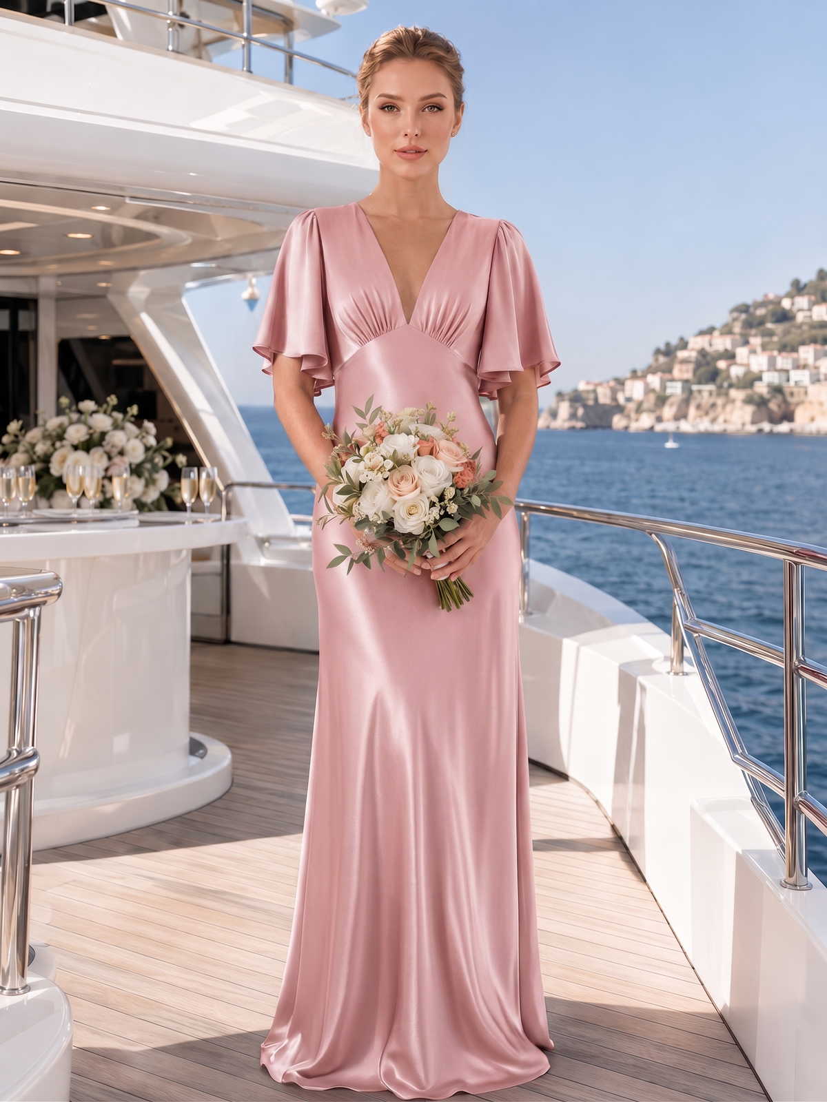 Front view of a desert rose satin floor-length bridesmaid dress with deep V-neckline, softly gathered bust, flutter sleeves, defined empire-style waist, and fluid sheath skirt.