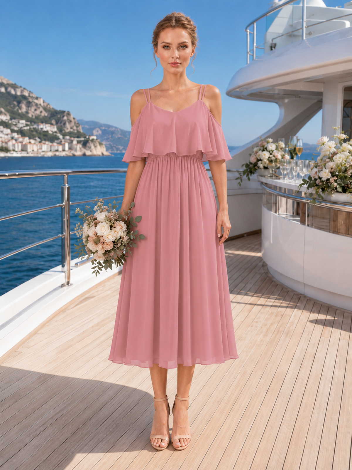 Front view of a desert rose chiffon tea-length bridesmaid dress with scoop neckline, double spaghetti straps, flutter overlay bodice, cold-shoulder detail, defined waist, and flowing A-line skirt.