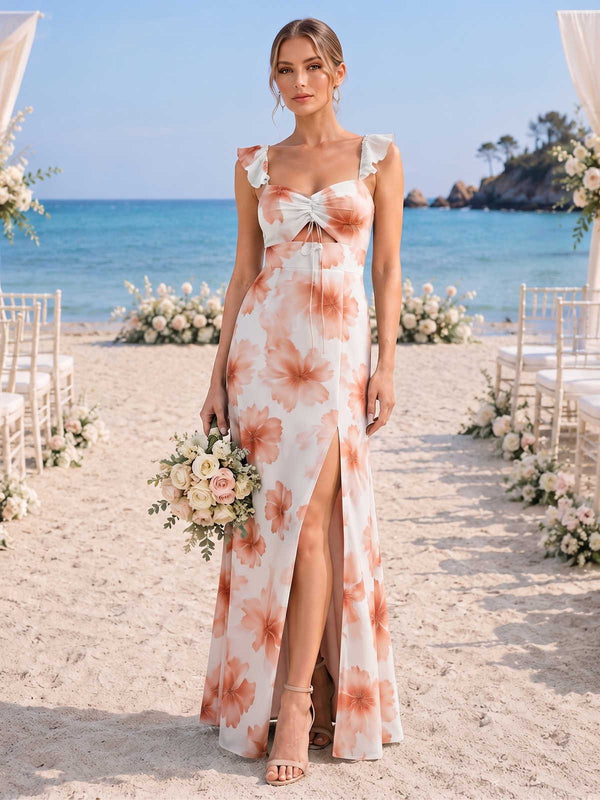 Front view of a floral chiffon floor-length bridesmaid dress with sweetheart neckline, ruffle straps, ruched tie-front bodice, small front cutout, high front slit, fitted waist, and flowing A-line skirt.
