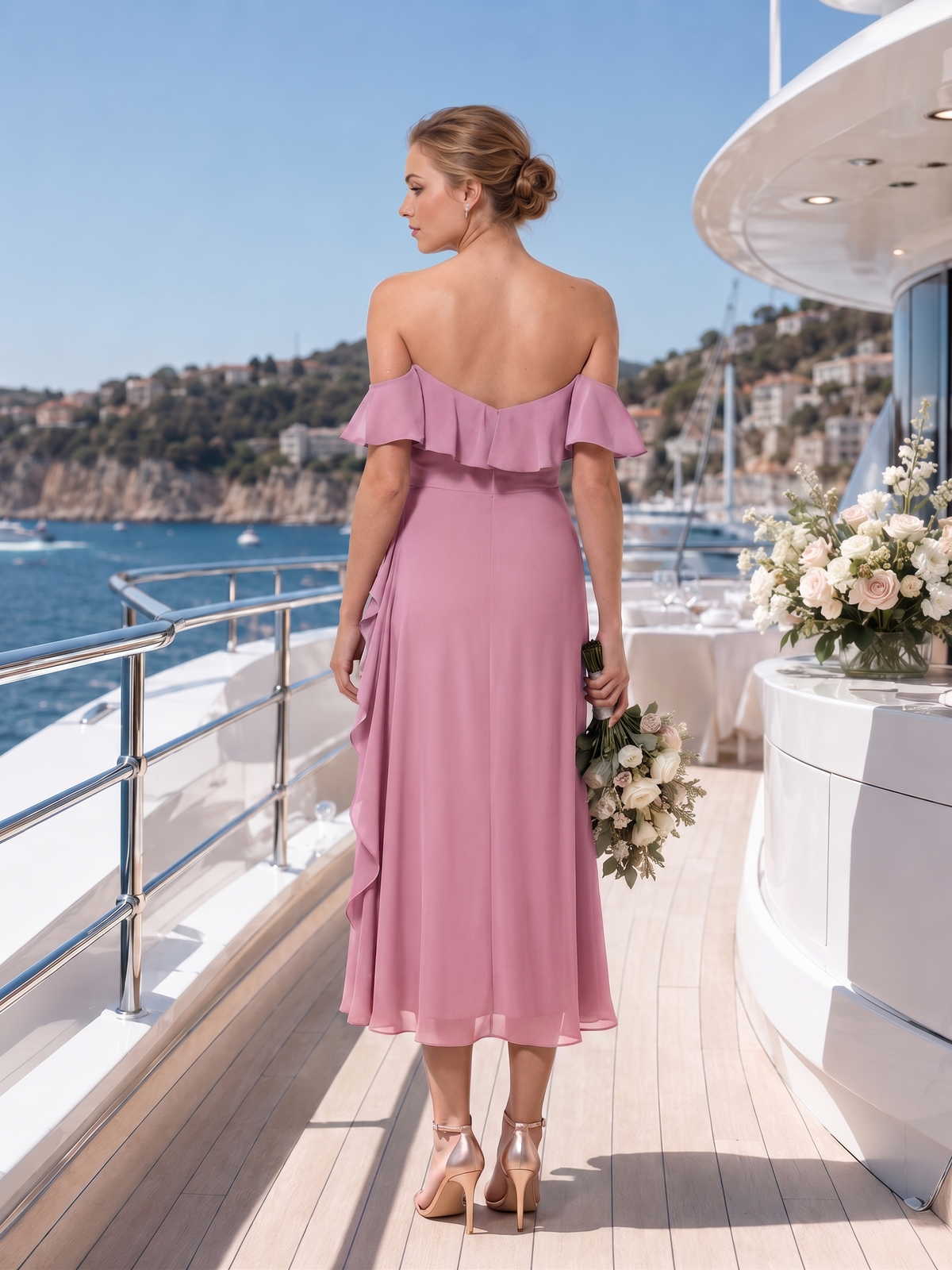 Back view of a dusty rose chiffon midi bridesmaid dress with an off-shoulder ruffle neckline, fitted waist, smooth back bodice, and flowing A-line skirt with soft drape.