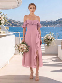 Front view of a dusty rose chiffon midi bridesmaid dress with an off-shoulder ruffle neckline, fitted waist, asymmetric cascading side ruffle, side slit, and soft flowing A-line skirt.