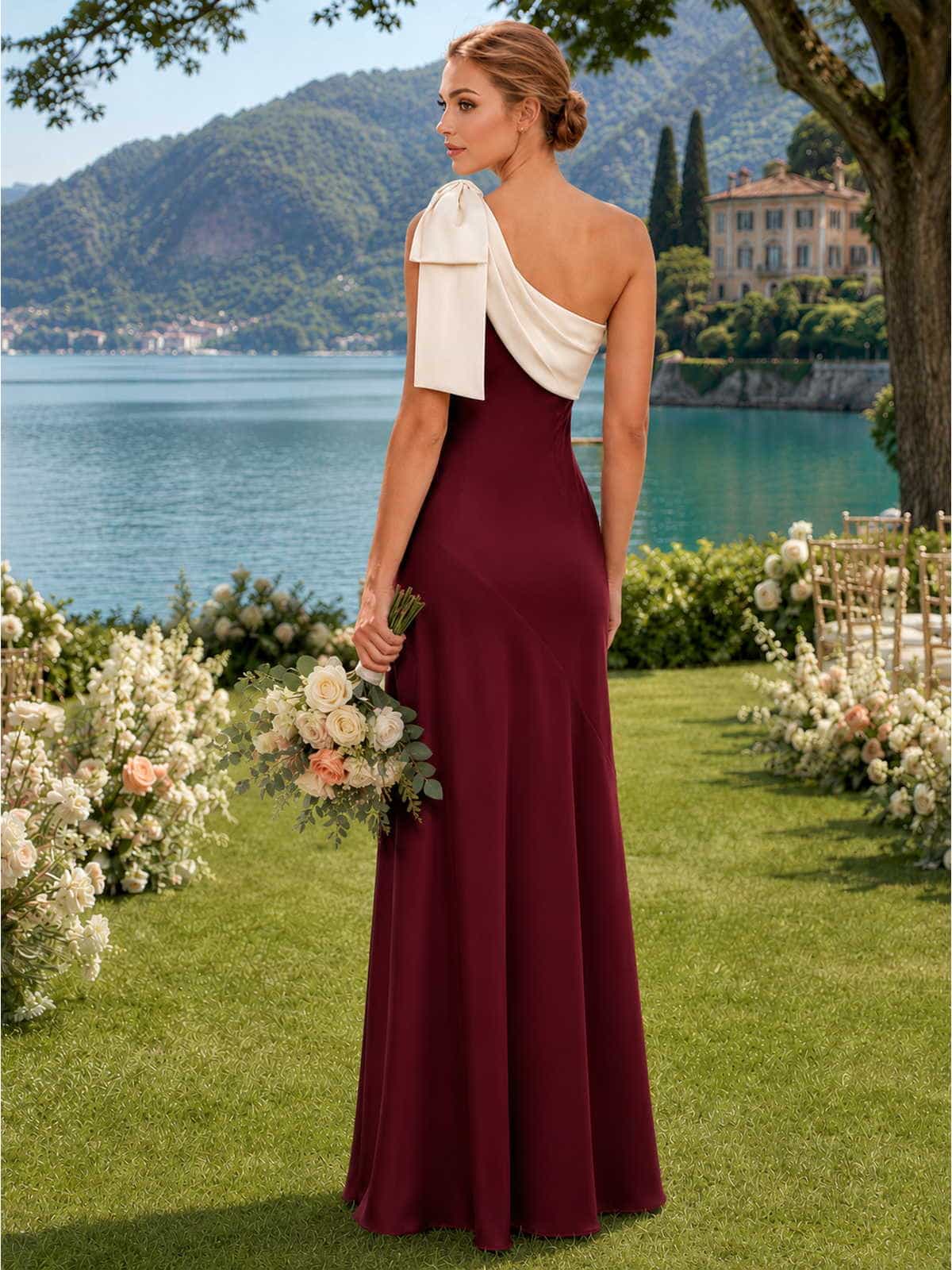 Back view of a burgundy satin floor-length bridesmaid dress with an asymmetric one-shoulder design, ivory draped shoulder panel continuing across the upper back, statement bow detail, fitted waist, and smooth flowing skirt.