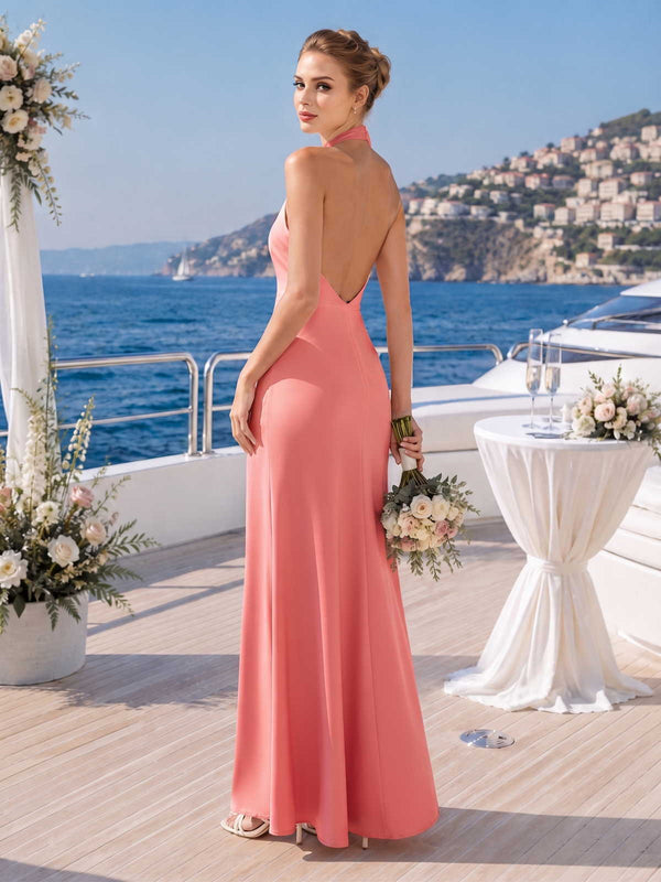 Back view of a coral chiffon floor-length bridesmaid dress with halter neckline, dramatic low open back, fitted waist, clean center-back construction, and softly flowing sheath skirt.