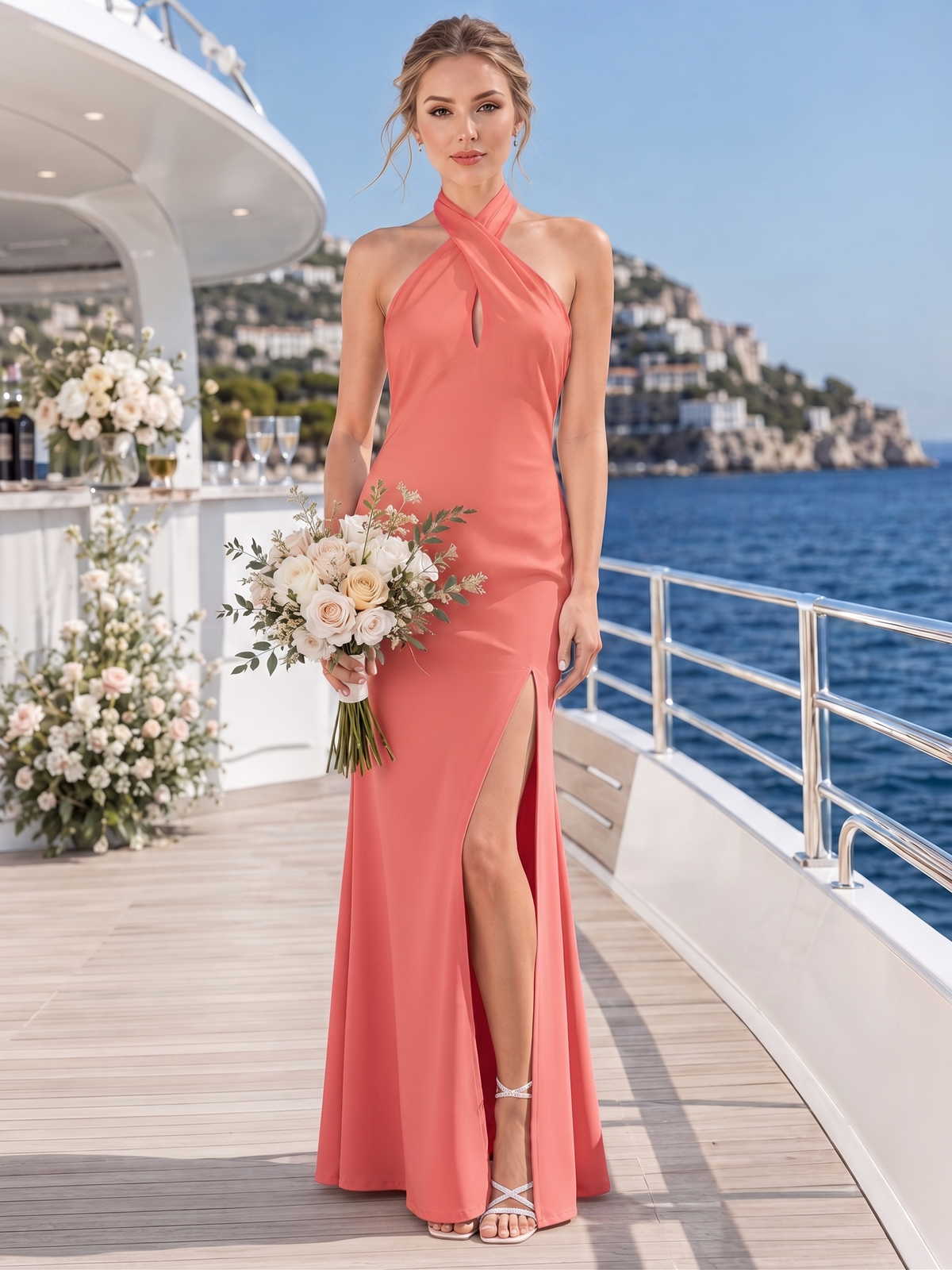 Front view of a coral chiffon floor-length bridesmaid dress with cross-front halter neckline, center keyhole detail, fitted bodice, high side slit, and sleek flowing sheath skirt.