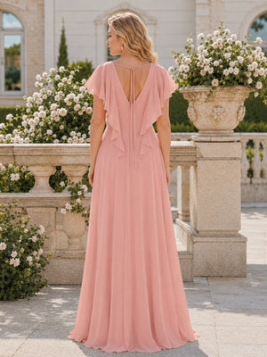 Back view of a dusty rose chiffon floor-length bridesmaid dress featuring a deep V-back neckline, delicate upper-back tie detail, cascading flutter sleeve panels, defined natural waist, flowing A-line skirt, and concealed center-back zipper.