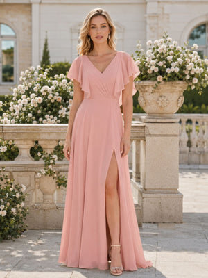 Front view of a dusty rose chiffon floor-length bridesmaid dress featuring a V-neck pleated crossover bodice, flowing flutter sleeves, defined natural waist, A-line silhouette, and elegant front thigh slit.