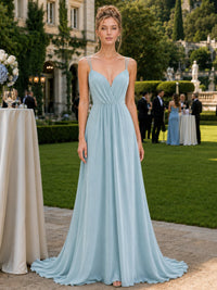 Front view of a muted aqua chiffon floor-length bridesmaid dress featuring delicate spaghetti straps, a deep V-neckline, softly gathered bodice, defined natural waist, and a flowing A-line skirt.