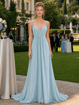 Front view of a muted aqua chiffon floor-length bridesmaid dress featuring delicate spaghetti straps, a deep V-neckline, softly gathered bodice, defined natural waist, and a flowing A-line skirt.