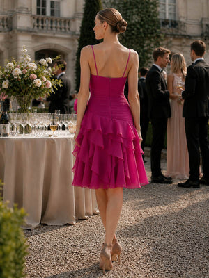 Back view of a fuchsia chiffon tea-length bridesmaid dress featuring slim spaghetti straps, a straight back neckline, finely ruched fitted bodice, center-back zipper, asymmetrical waist seam, and layered cascading ruffles through the skirt.
