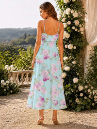 Floral Chiffon A-Line Spaghetti-Strap Tea-Length Bridesmaid Dress with Cascading Ruffles (VET-BMD-0103)