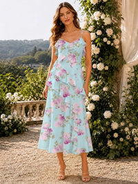 Floral Chiffon A-Line Spaghetti-Strap Tea-Length Bridesmaid Dress with Cascading Ruffles (VET-BMD-0103)