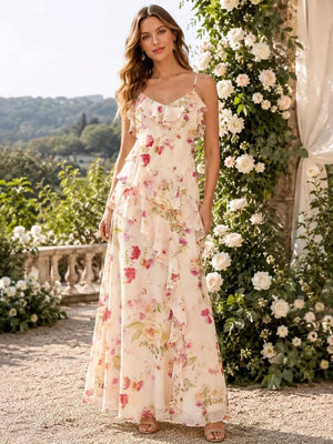 Front view of a floral chiffon floor-length bridesmaid dress featuring delicate spaghetti straps, a soft V-neckline, layered neckline ruffles, cascading asymmetrical ruffle detailing, and a flowing A-line skirt.