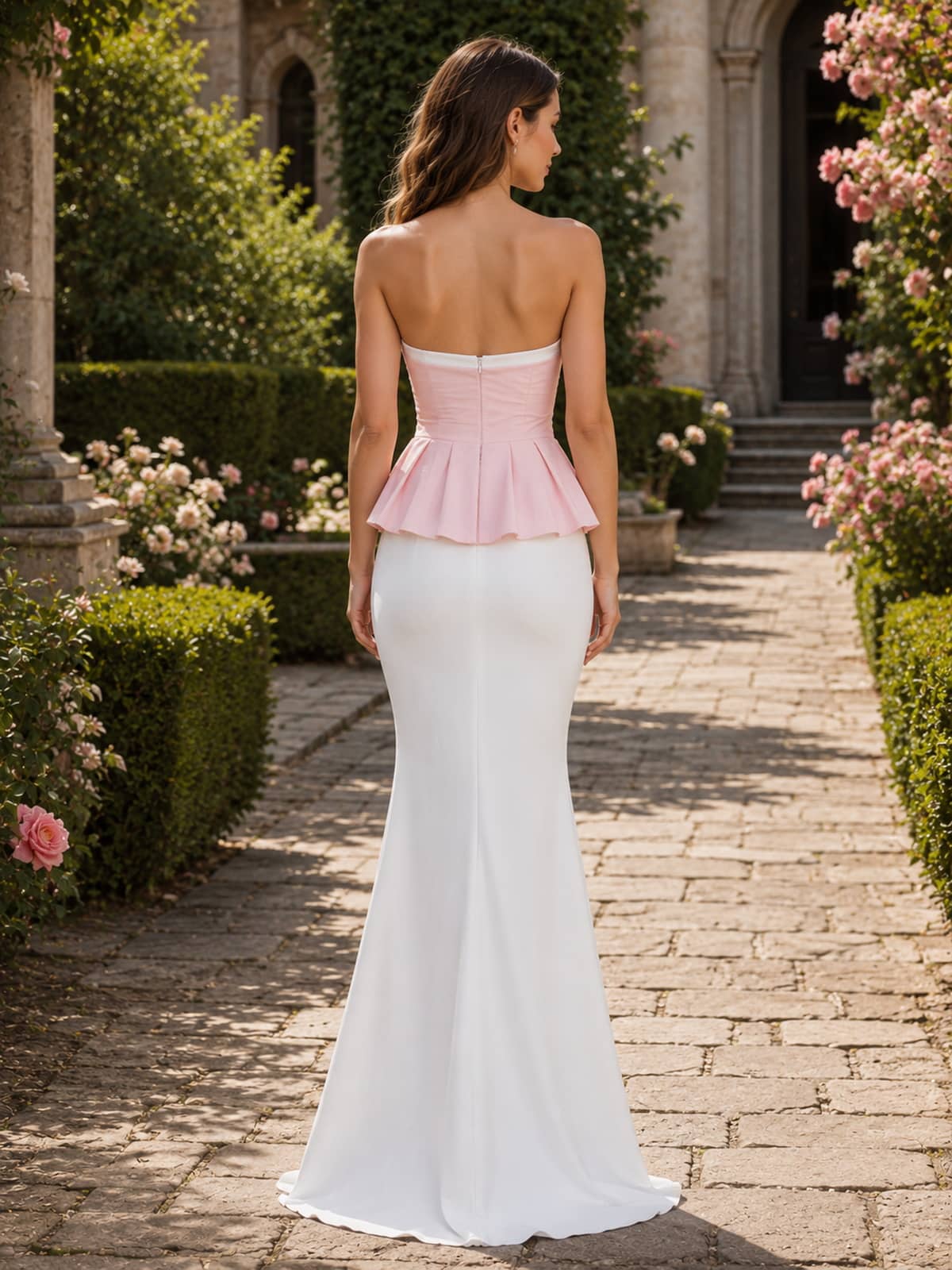 Back view of a colorblock satin floor-length bridesmaid dress featuring a straight strapless back, blush pink fitted bodice, structured peplum waist, concealed center-back zipper, and sleek white mermaid skirt with a softly flared hem.