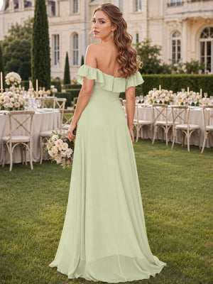 Back view of a pale mint chiffon bridesmaid dress featuring an off-the-shoulder ruffled neckline, fitted bodice, concealed center-back zipper, flowing A-line chiffon skirt, and elegant full-length back hem.