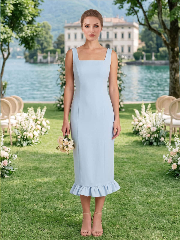Front view of a dusty blue satin tea-length bridesmaid dress featuring a clean square neckline, wide shoulder straps, fitted sheath silhouette, defined waist, and delicate gathered ruffle hem.