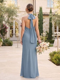 Back view of a dusty blue chiffon floor-length bridesmaid dress featuring an open-back halter design, self-tie neck bow with long ribbon tails, fitted sheath silhouette, and softly flowing chiffon skirt.