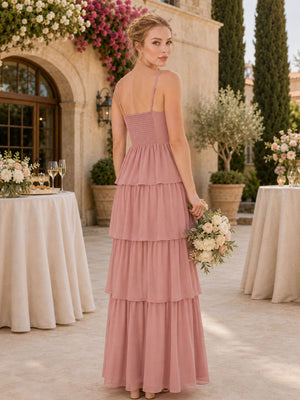 Chiffon A-Line Spaghetti-Strap Floor-Length Bridesmaid Dress with Ruched Bust, Tiered Ruffles and Front Slit (VET-BMD-0111)