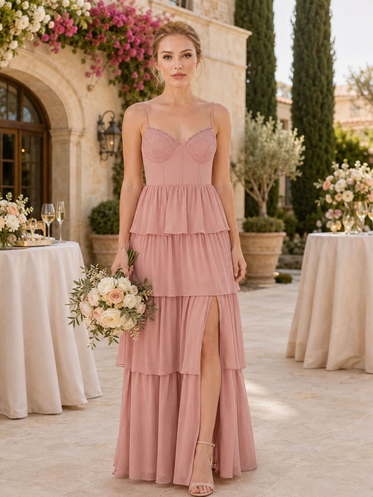 Chiffon A-Line Spaghetti-Strap Floor-Length Bridesmaid Dress with Ruched Bust, Tiered Ruffles and Front Slit (VET-BMD-0111)