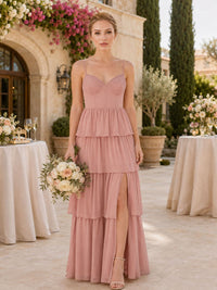 Chiffon A-Line Spaghetti-Strap Floor-Length Bridesmaid Dress with Ruched Bust, Tiered Ruffles and Front Slit (VET-BMD-0111)