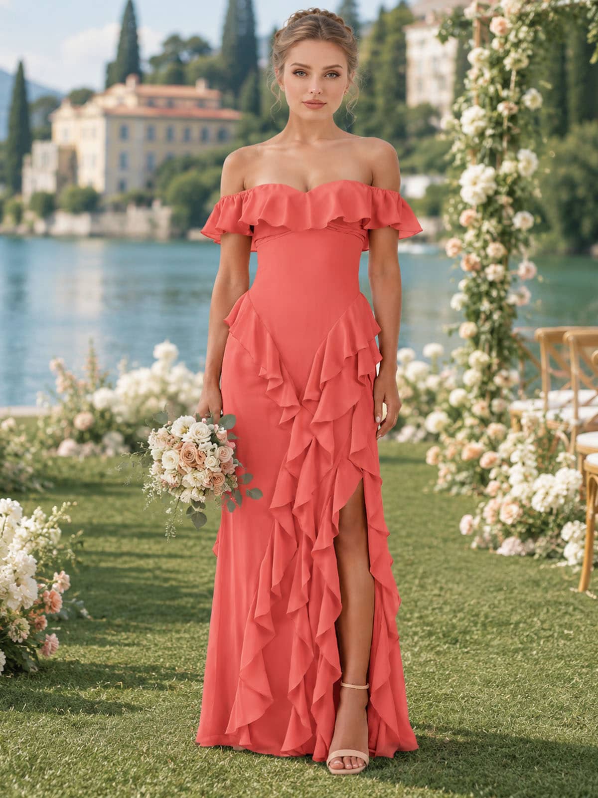 Front view of a coral chiffon floor-length bridesmaid dress featuring an off-the-shoulder ruffled neckline, fitted sheath silhouette, dramatic cascading layered ruffles, and an elegant front slit.