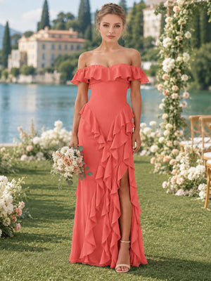 Front view of a coral chiffon floor-length bridesmaid dress featuring an off-the-shoulder ruffled neckline, fitted sheath silhouette, dramatic cascading layered ruffles, and an elegant front slit.