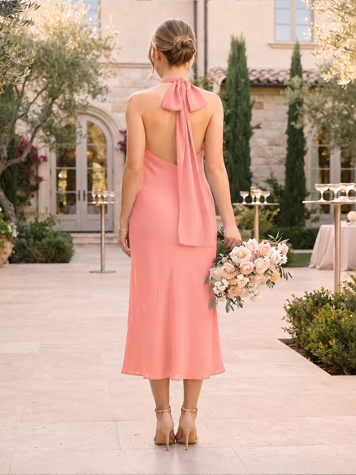 Chiffon Sheath Halter Tea-Length Bridesmaid Dress with Draped High Neck and Tie-Back Detail (VET-BMD-0114)