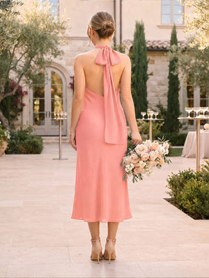 Chiffon Sheath Halter Tea-Length Bridesmaid Dress with Draped High Neck and Tie-Back Detail (VET-BMD-0114)