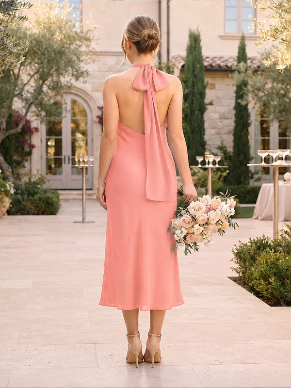 Chiffon Sheath Halter Tea-Length Bridesmaid Dress with Draped High Neck and Tie-Back Detail (VET-BMD-0114)