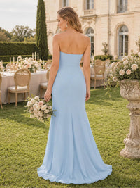 Back view of an ice blue chiffon floor-length bridesmaid dress featuring a clean strapless back, fitted bodice and waist, and a softly flowing A-line skirt with an elegant full-length hem.