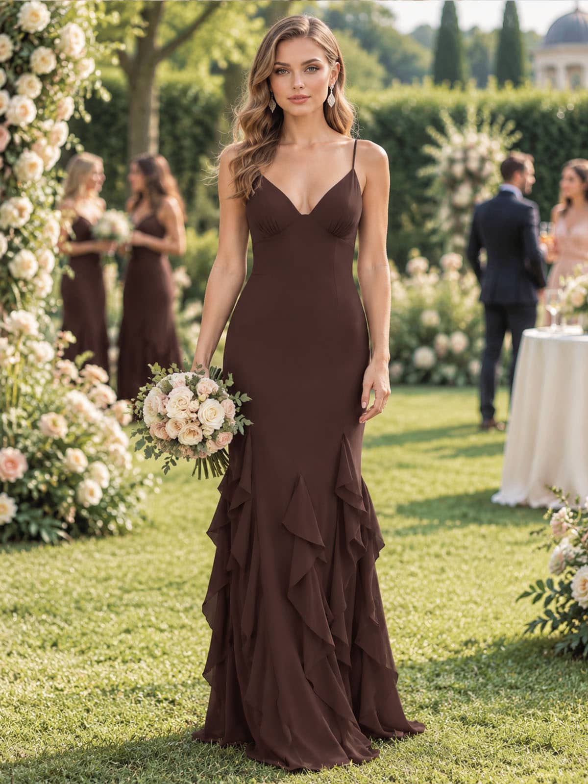 Front view of a chocolate brown chiffon floor-length bridesmaid dress featuring delicate spaghetti straps, a feminine V-neckline, softly gathered bust, fitted mermaid silhouette, and cascading layered ruffles through the lower skirt.
